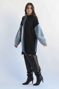 Fashion Styled Sweater dress mangas denim Negro
