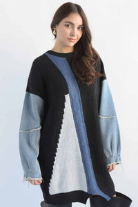 Fashion Styled Sweater dress mangas denim Negro