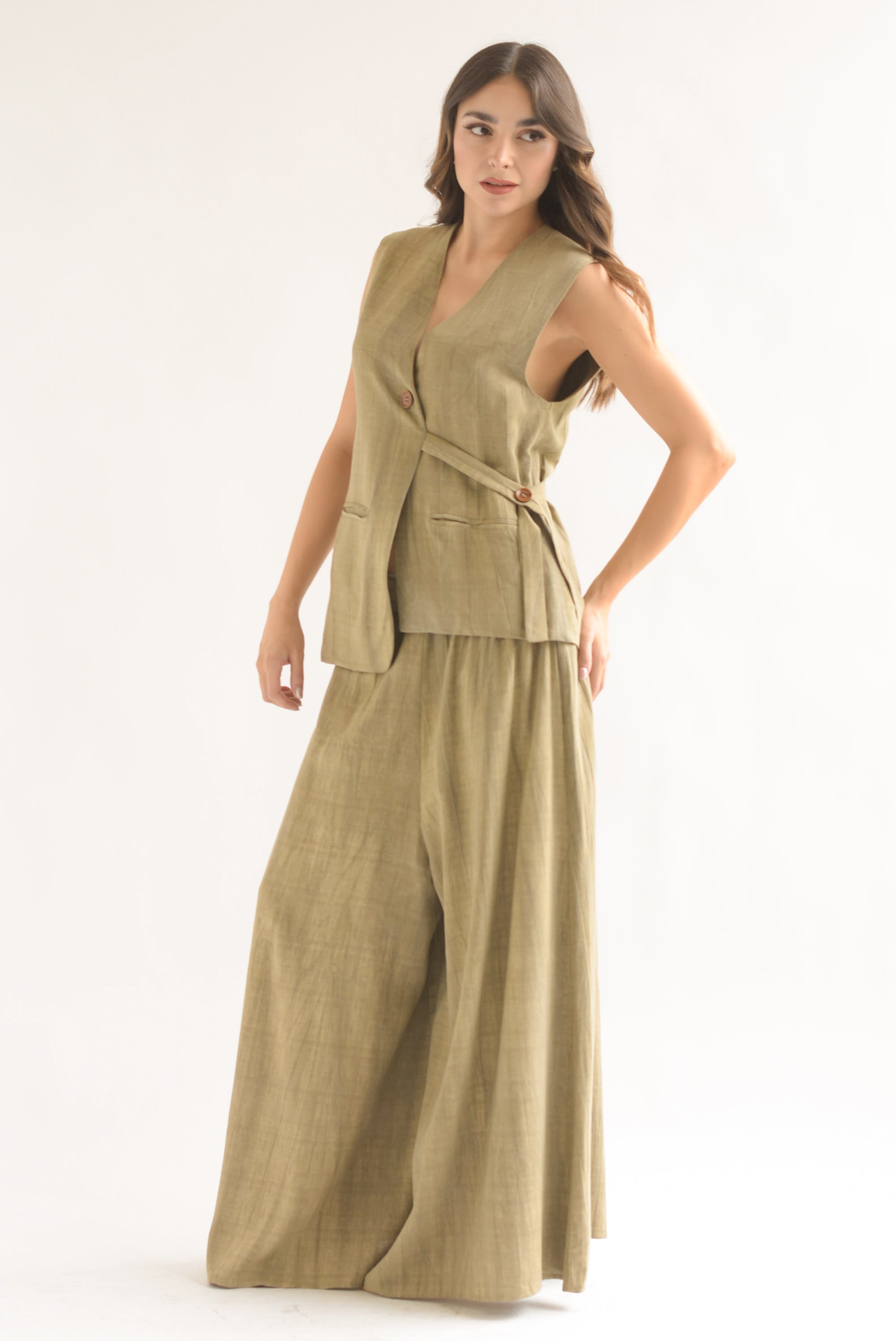 Set Pantalón super wide y Chaleco largo lino Verde Olivo