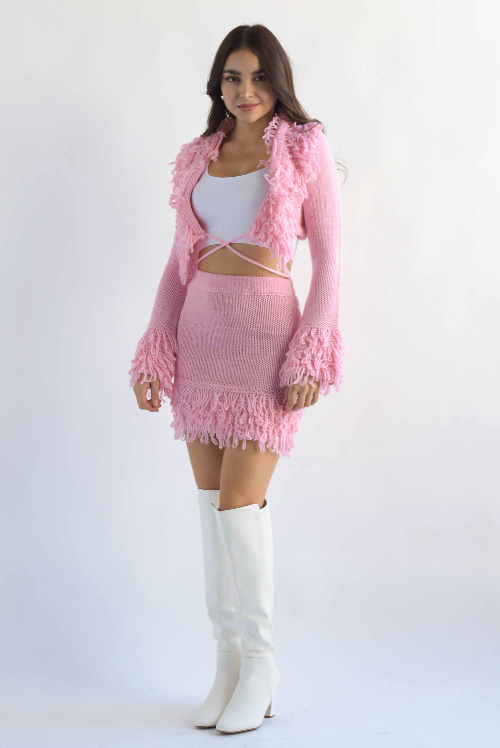 Set Falda y Cárdigan punto flecos Rosa