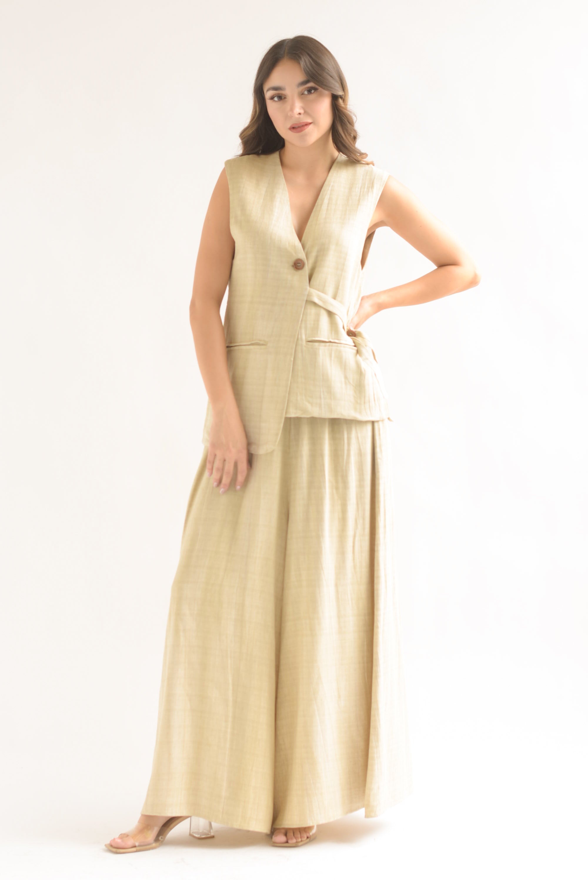 Set Pantalón super wide y Chaleco largo lino Crudo