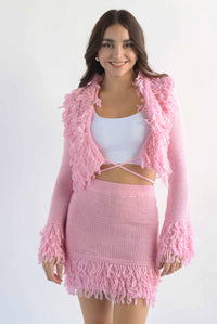 Fashion Styled Set Falda y Cárdigan punto flecos Rosa