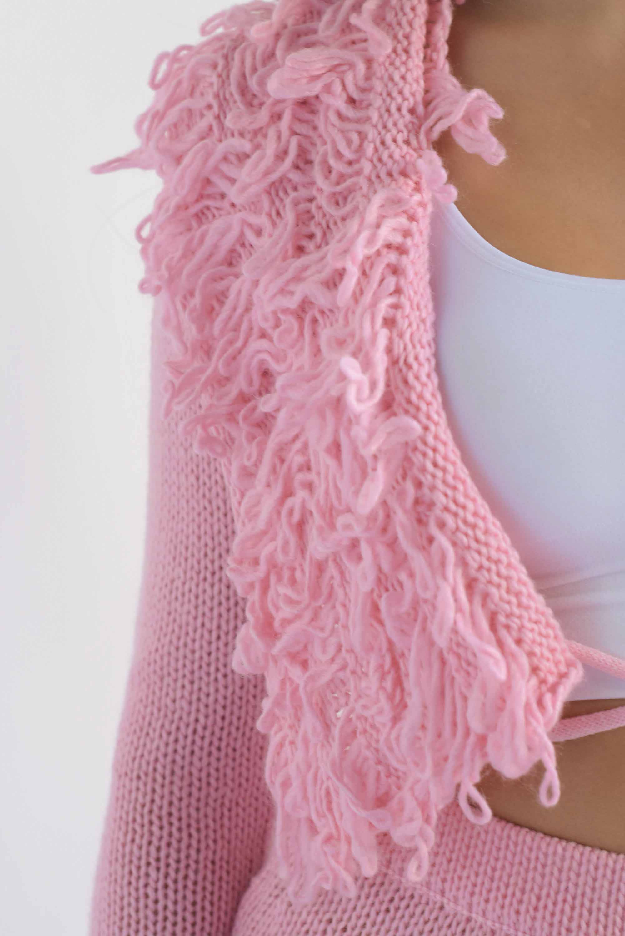 Set Falda y Cárdigan punto flecos Rosa