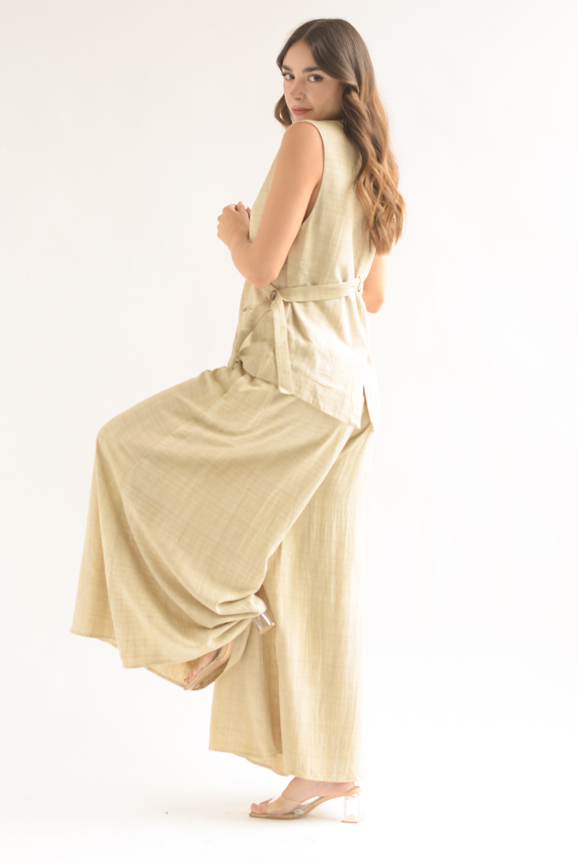 Set Pantalón super wide y Chaleco largo lino Crudo