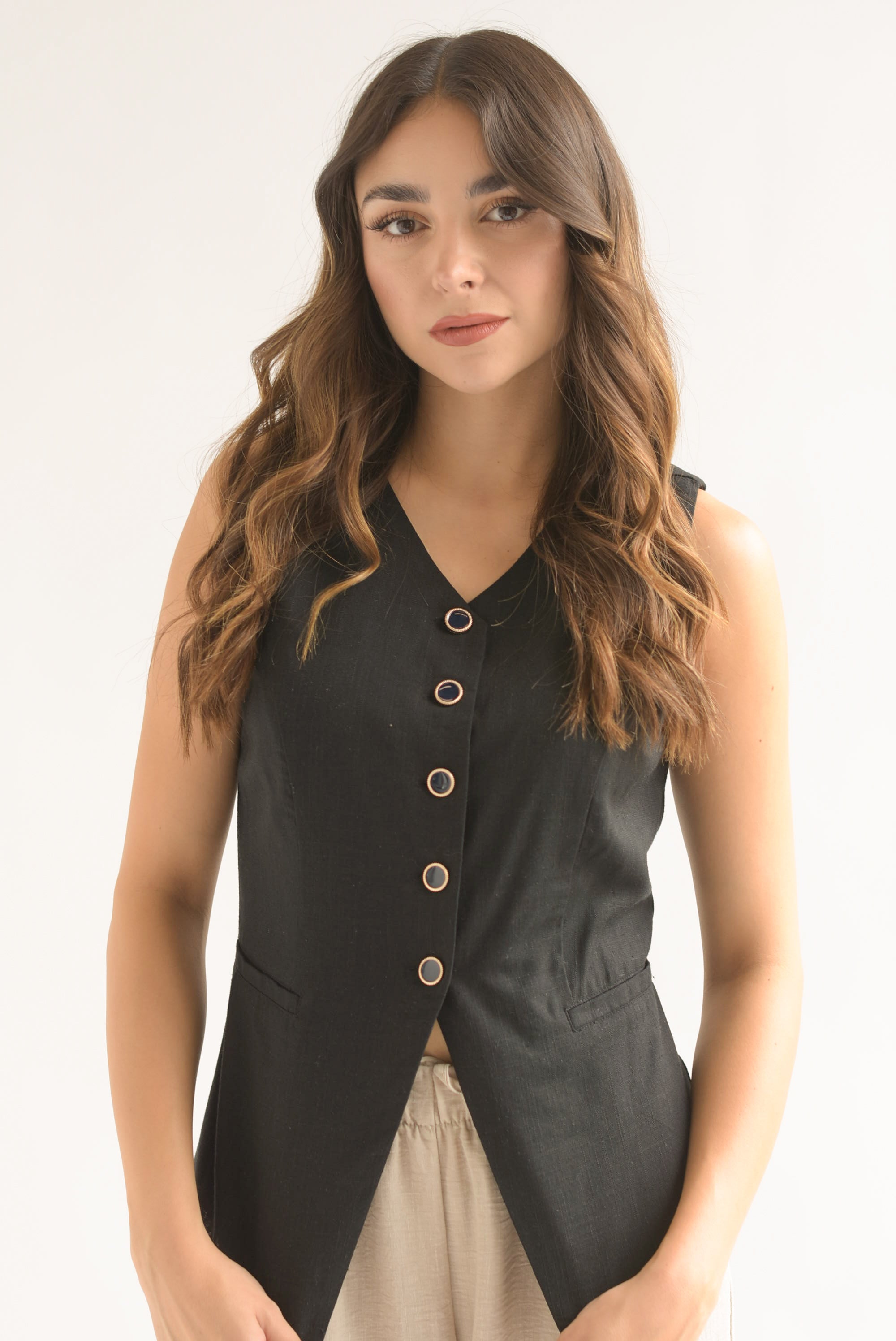 Chaleco largo simulación lino Negro