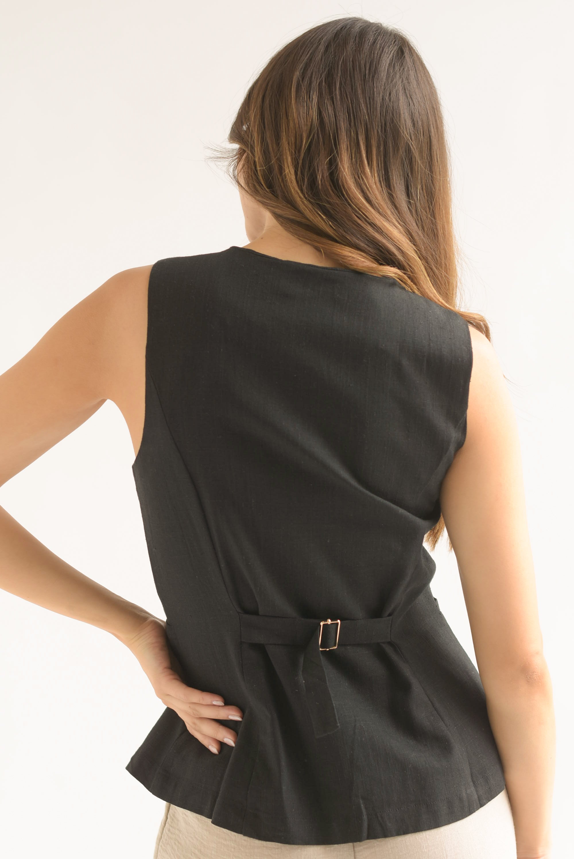 Chaleco largo simulación lino Negro