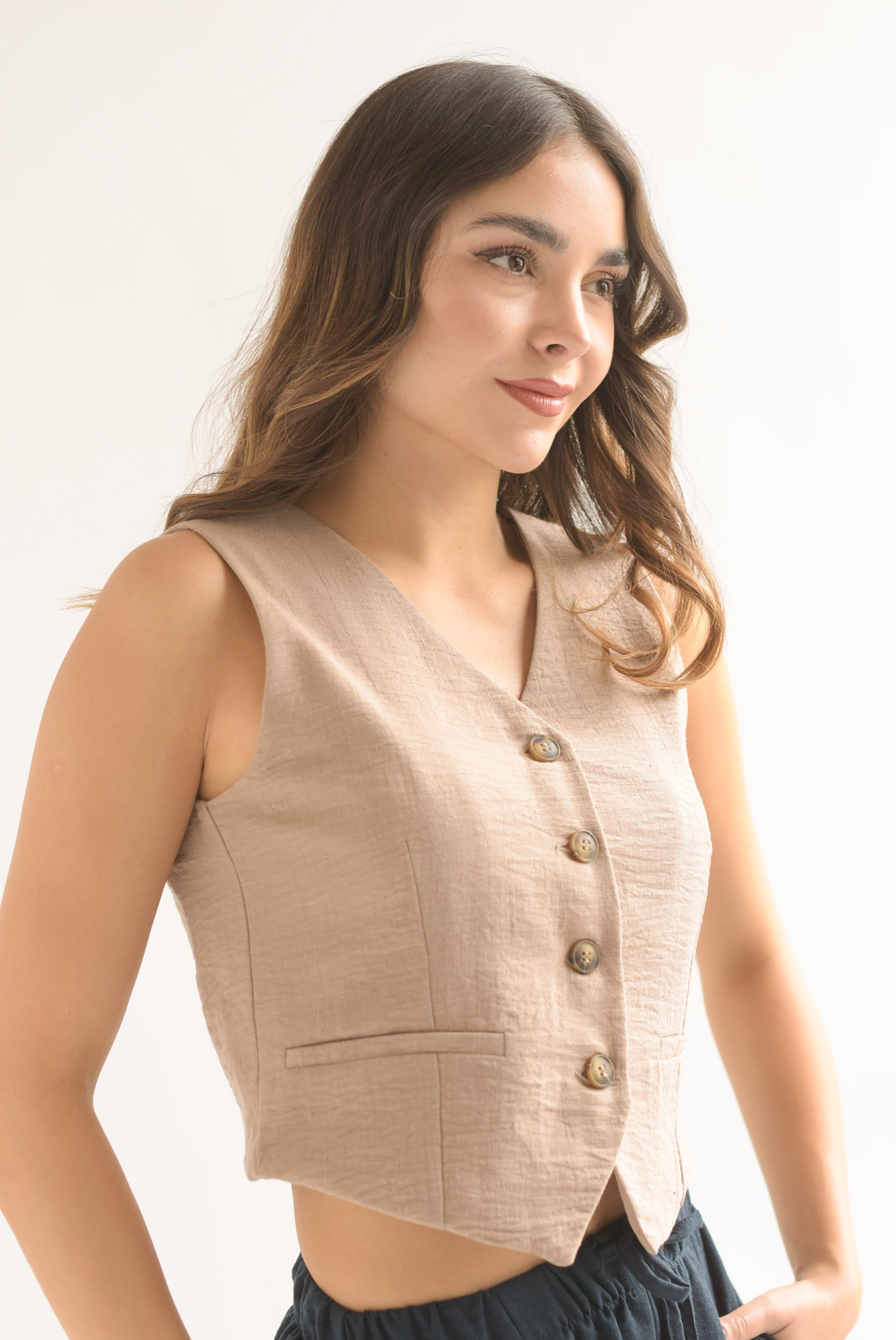 Chaleco simulación lino Moka