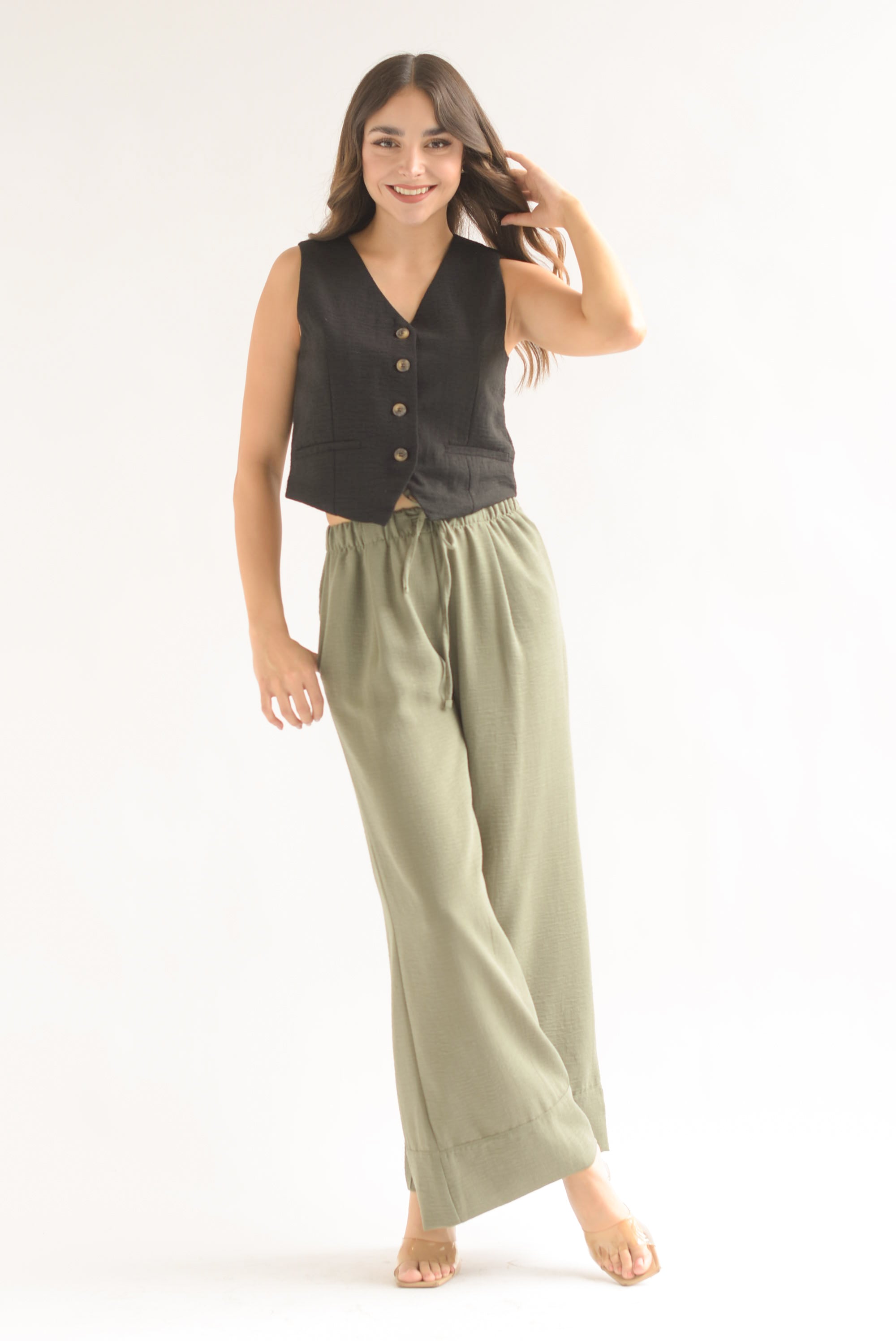 Pantalón wide simulación lino Olivo