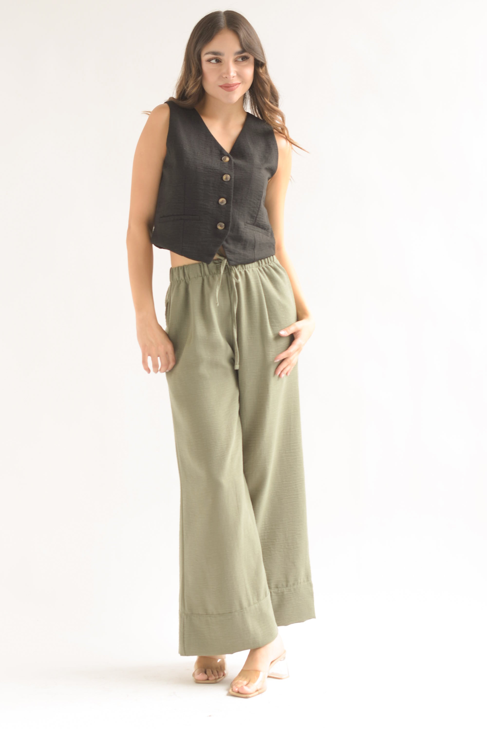 Pantalón wide simulación lino Olivo