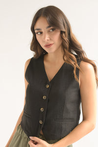 Fashion Styled Chaleco simulación lino Negro
