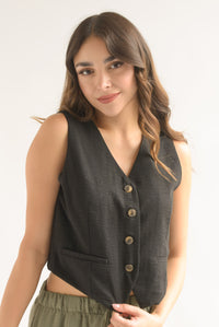 Fashion Styled Chaleco simulación lino Negro