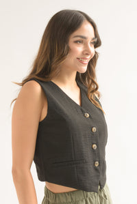 Fashion Styled Chaleco simulación lino Negro