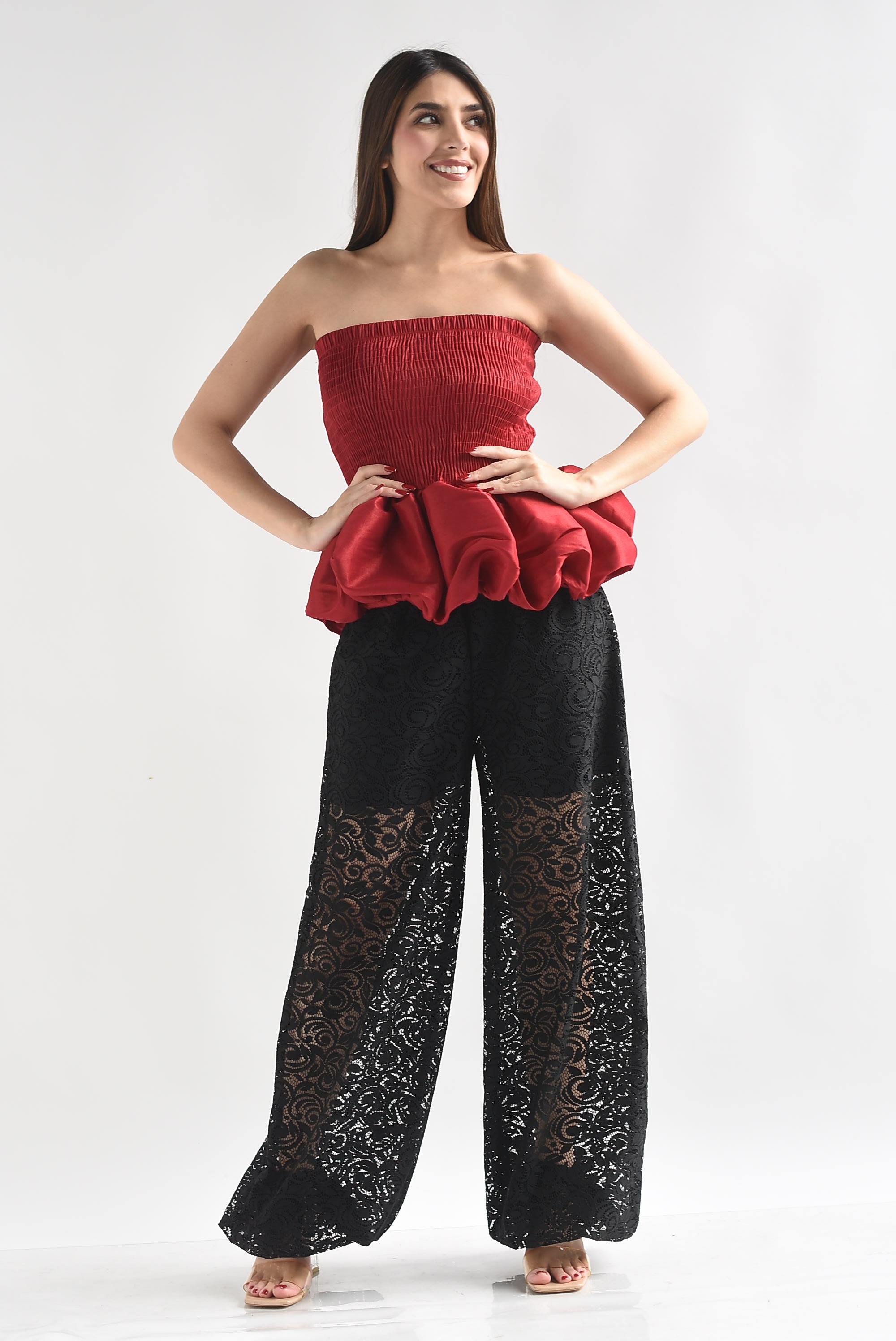 Top strapless globo peplum Rojo