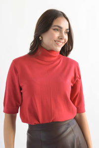 Fashion Styled Blusa punto cuello alto manga corta Rojo