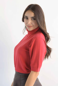 Fashion Styled Blusa punto cuello alto manga corta Rojo