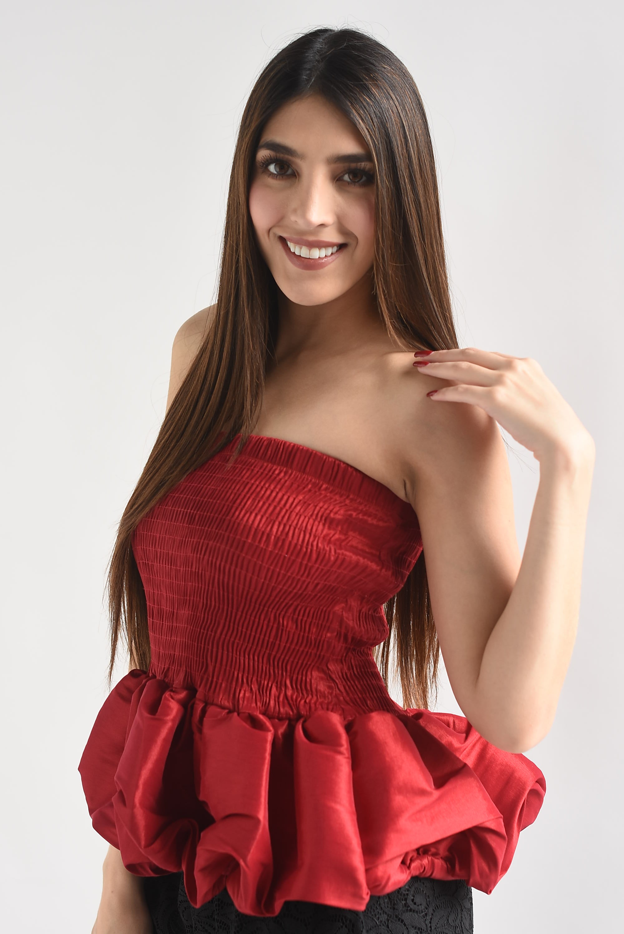 Top strapless globo peplum Rojo