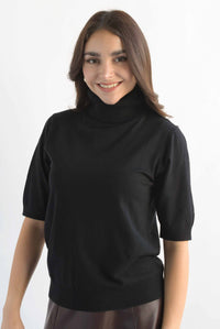 Fashion Styled Blusa punto cuello alto manga corta Negro