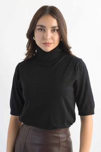Fashion Styled Blusa punto cuello alto manga corta Negro