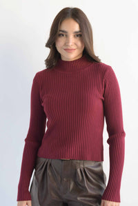 Fashion Styled Sweater canalé cuello alto Vino