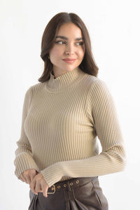 Fashion Styled Sweater canalé cuello alto Moka