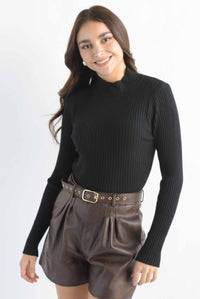Fashion Styled Sweater canalé cuello alto Negro