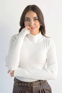 Fashion Styled Sweater canalé cuello alto Blanco