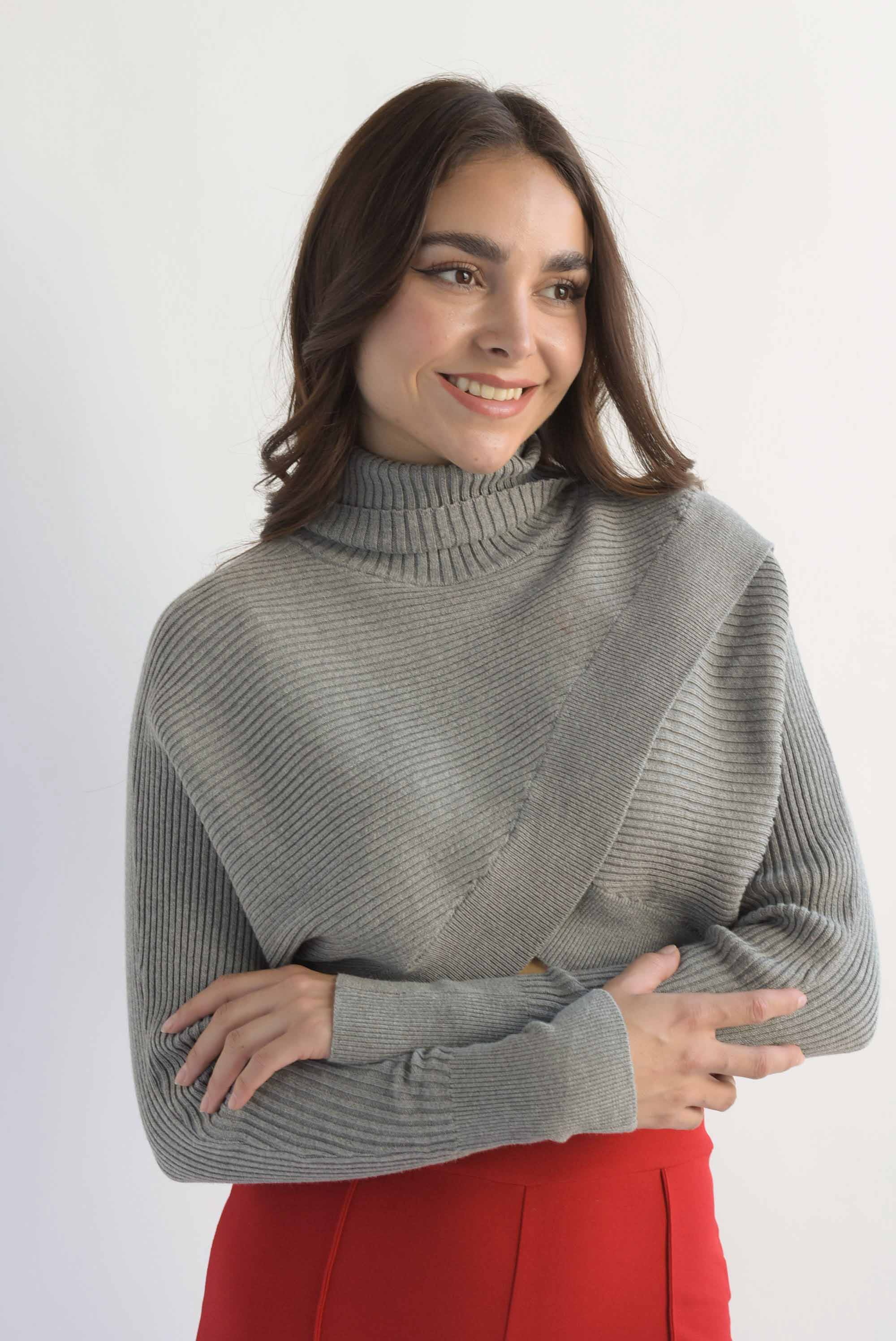 Sweater crop canalé cruzado Gris