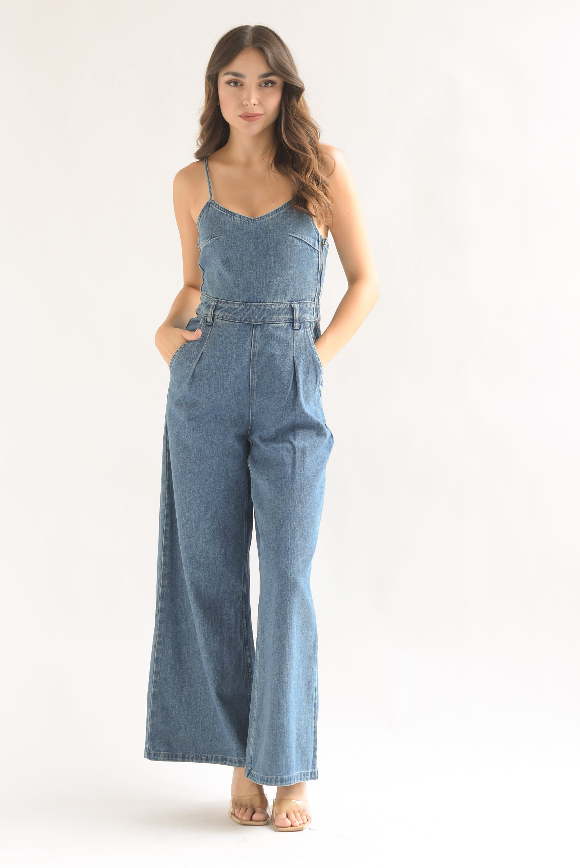 Jumpsuit wide leg cintas Denim