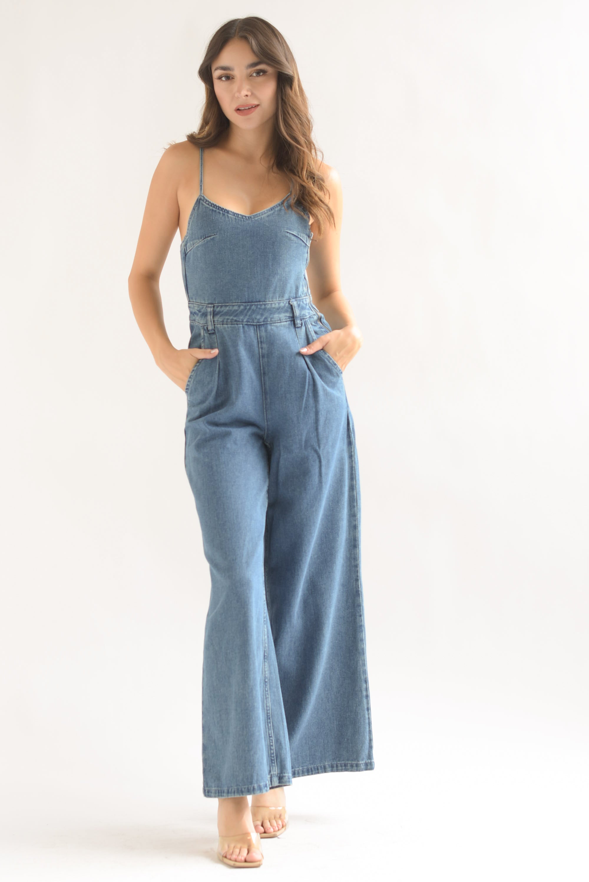 Jumpsuit wide leg cintas Denim
