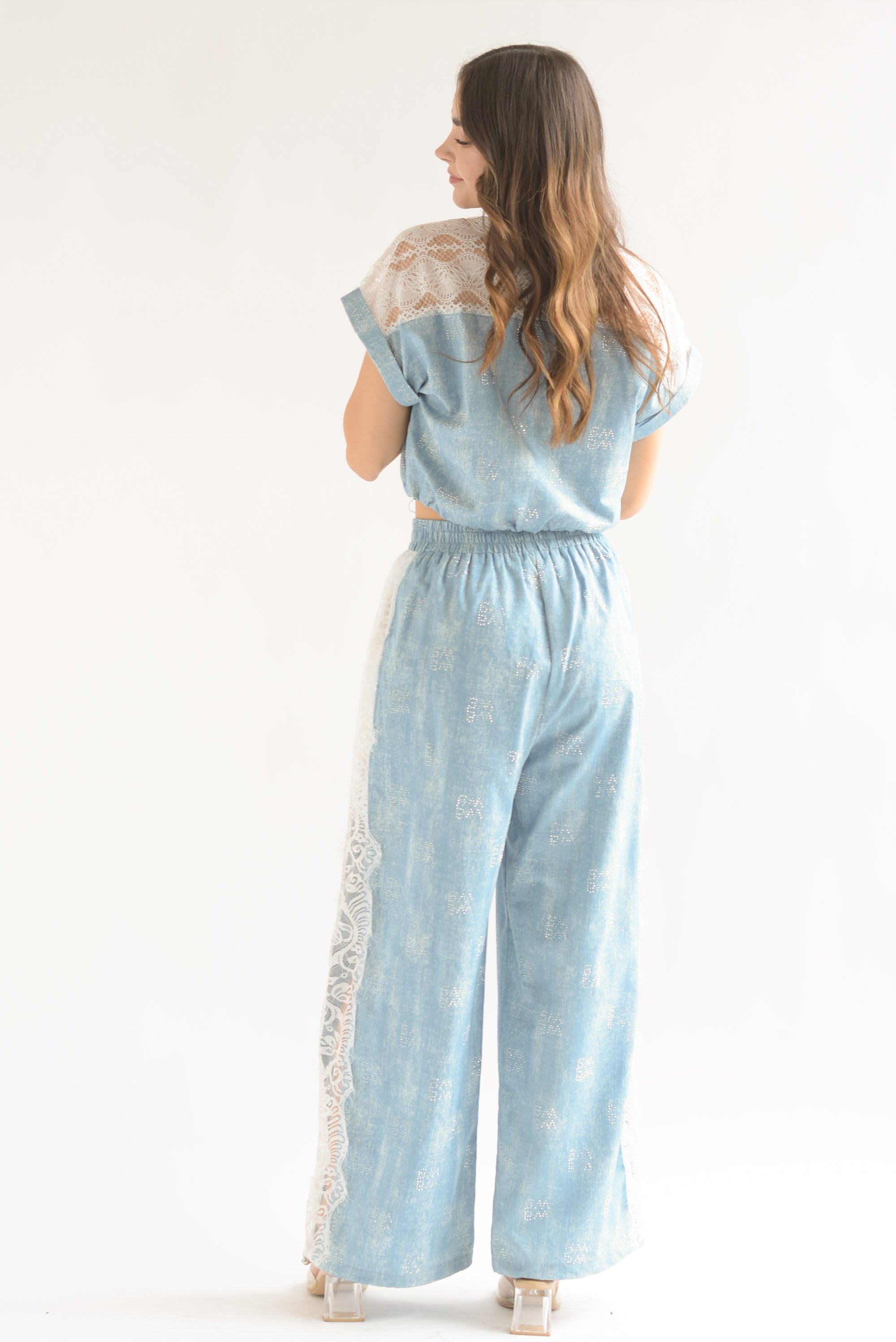 Set Pantalón y Blusa fake Denim encaje brillos