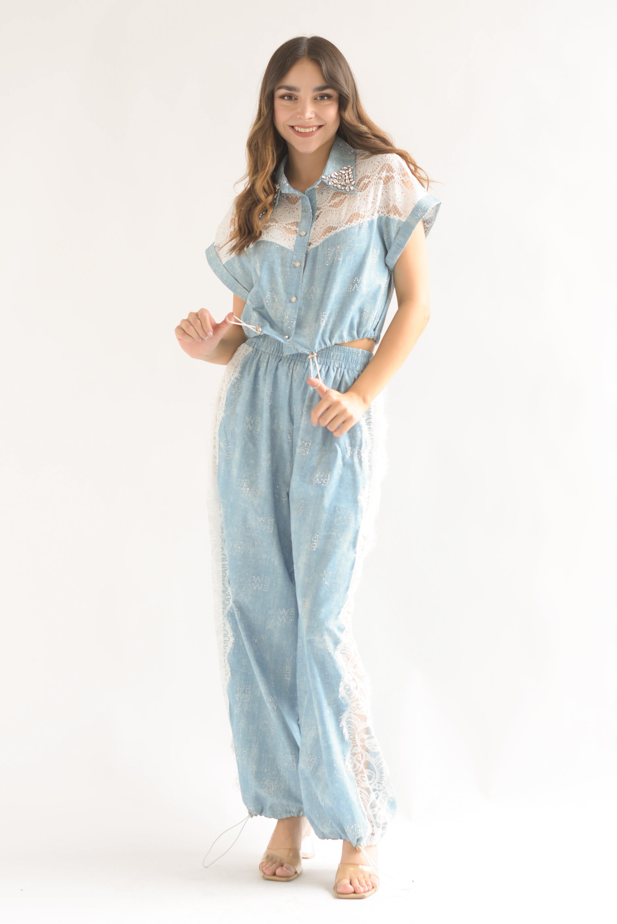 Set Pantalón y Blusa fake Denim encaje brillos