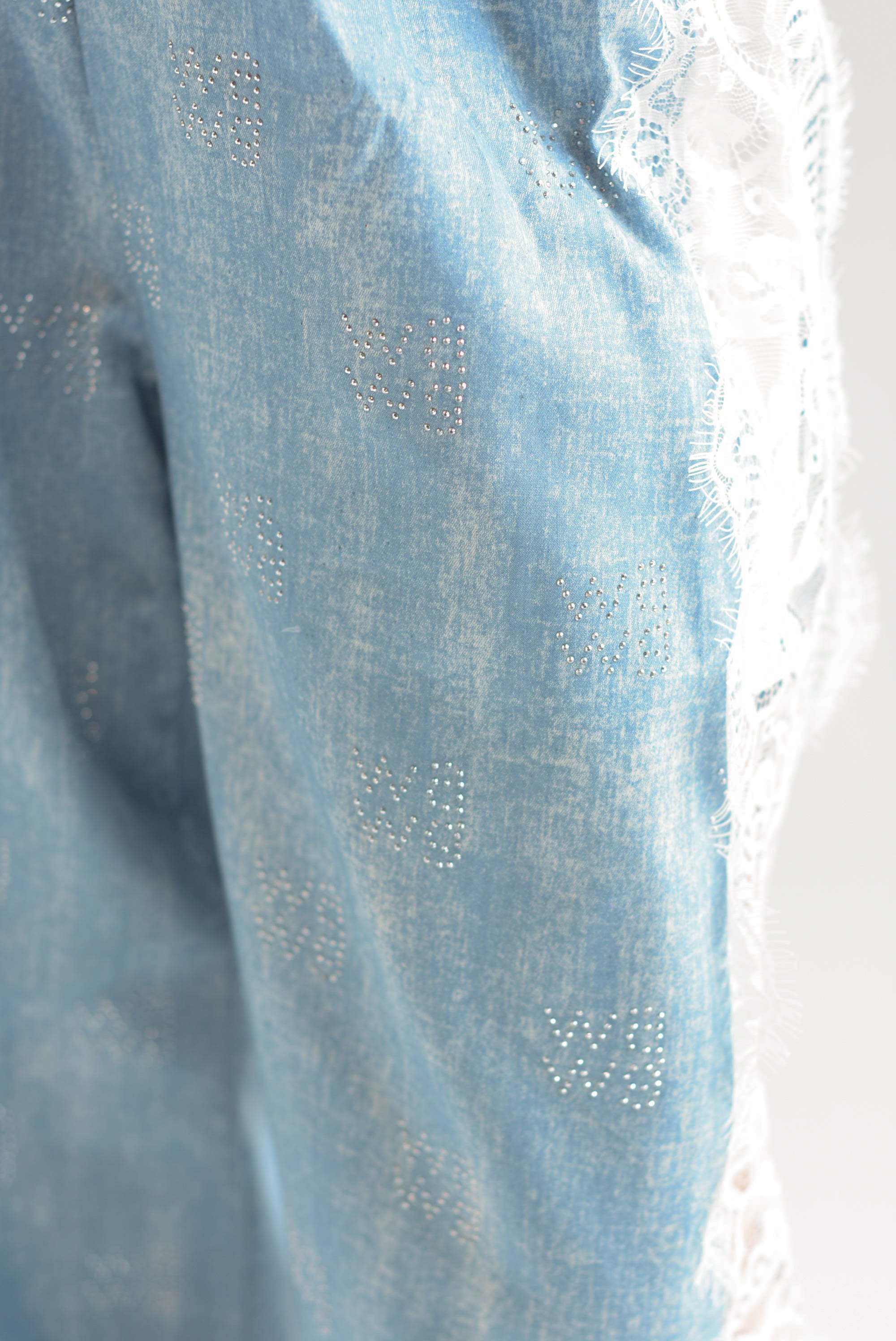 Set Pantalón y Blusa fake Denim encaje brillos