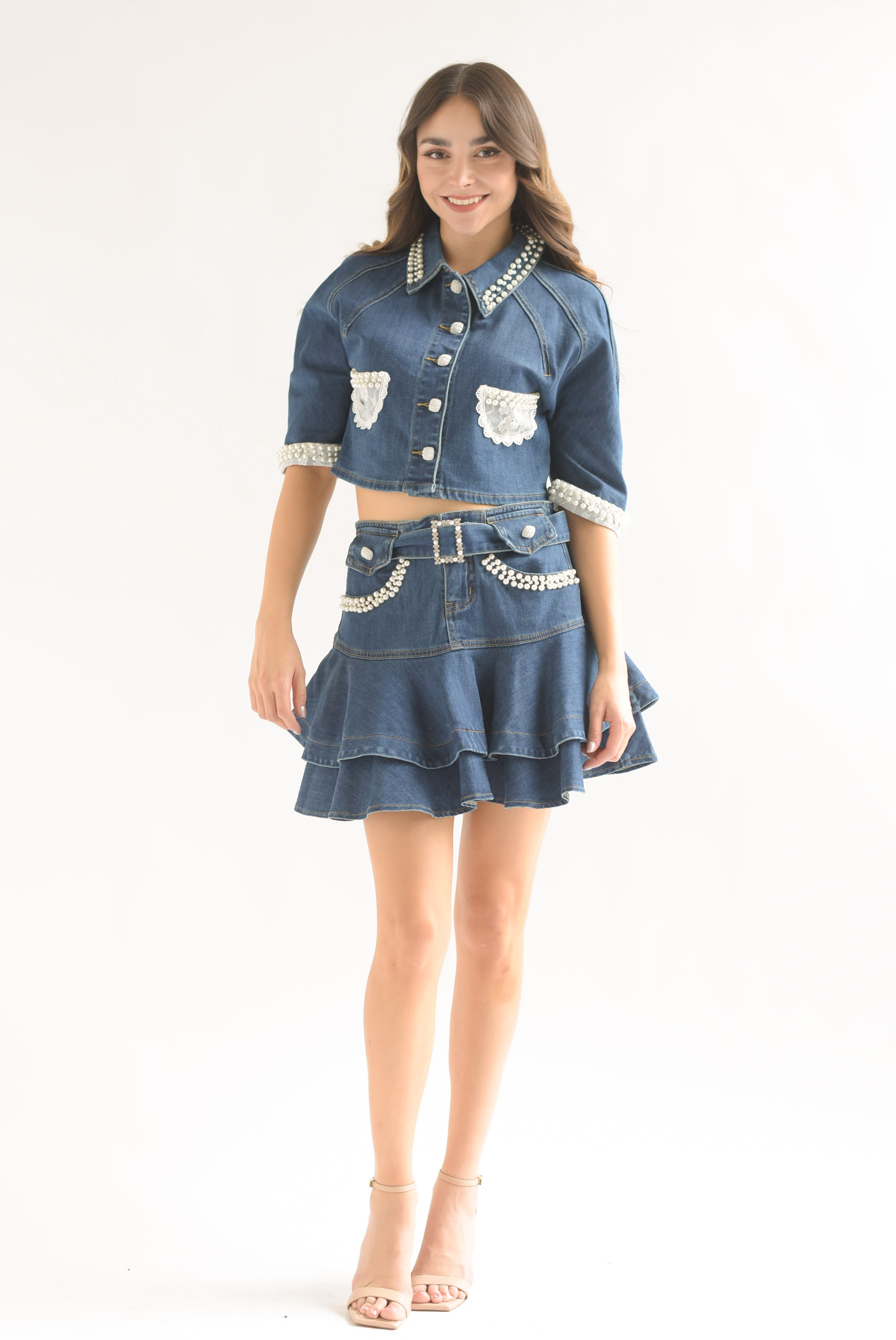 Set Falda olanes y Blusa perlas Denim Dark
