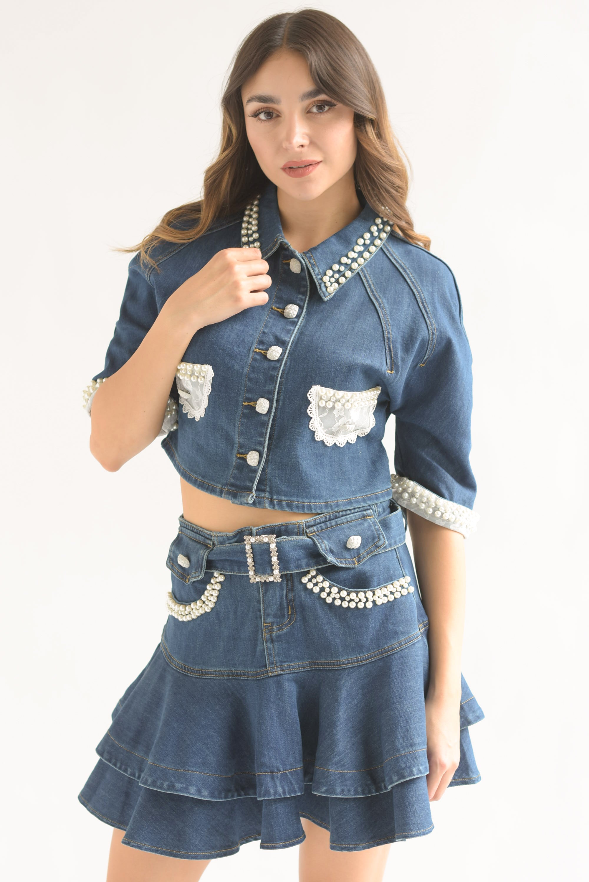 Set Falda olanes y Blusa perlas Denim Dark