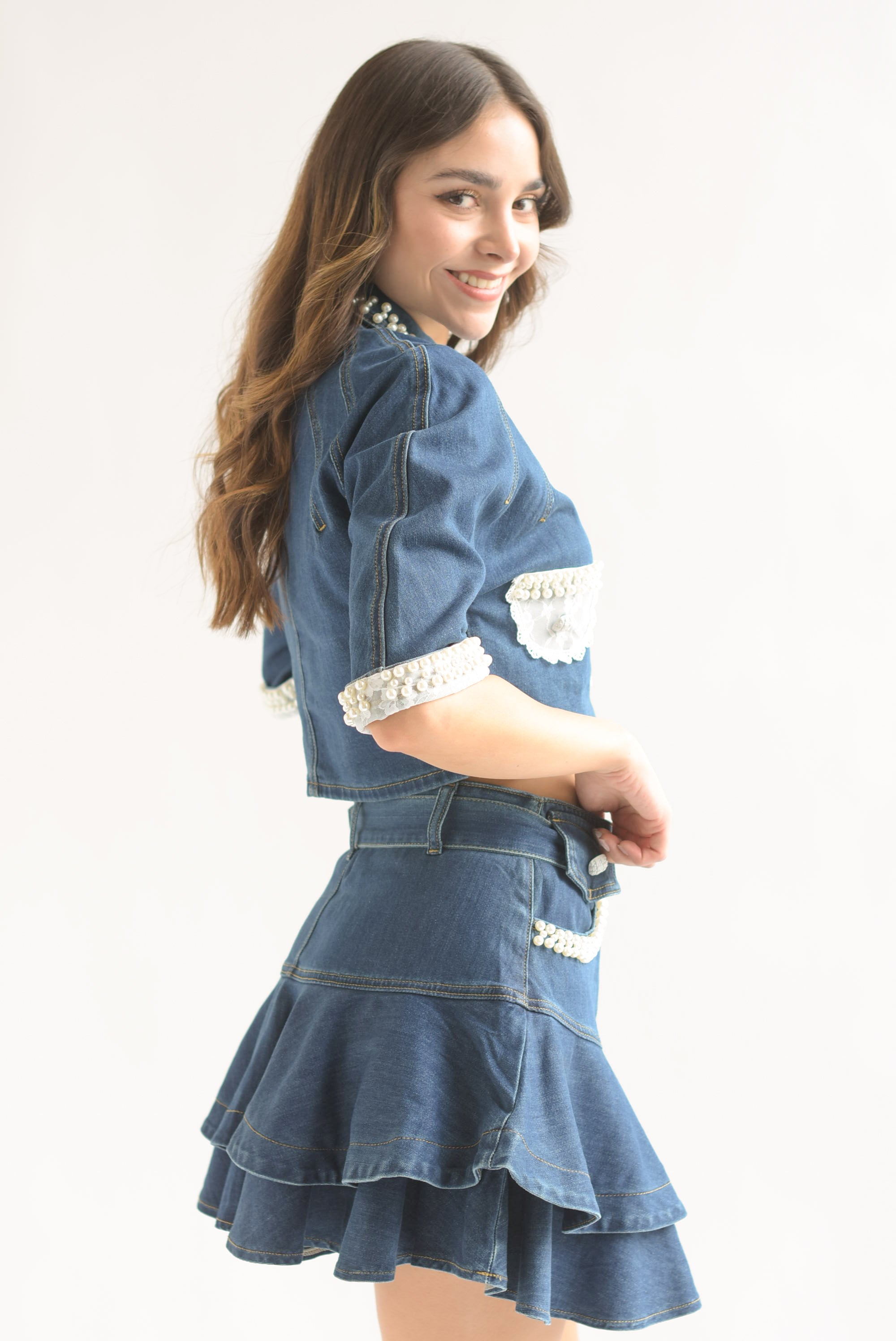 Set Falda olanes y Blusa perlas Denim Dark