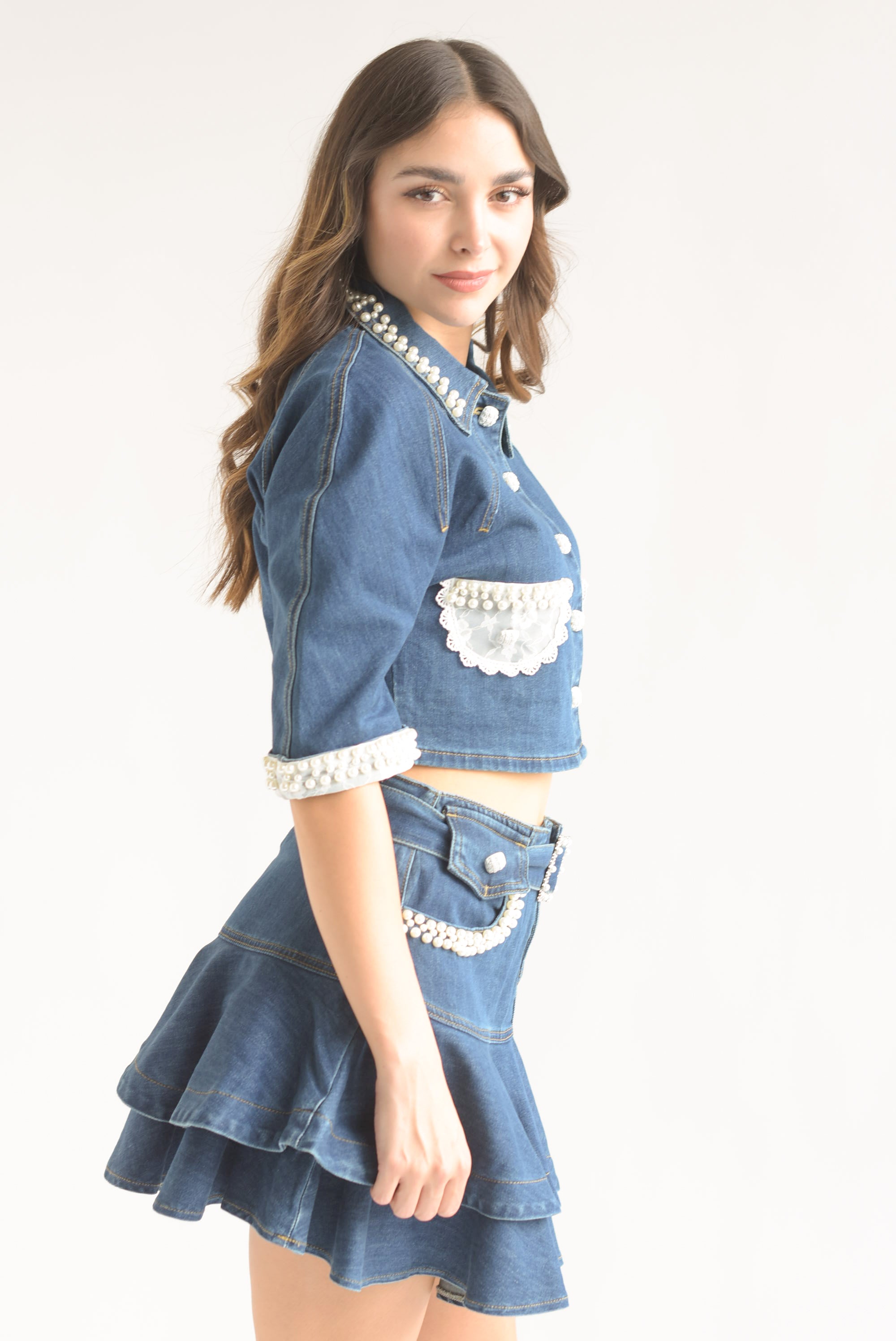 Set Falda olanes y Blusa perlas Denim Dark