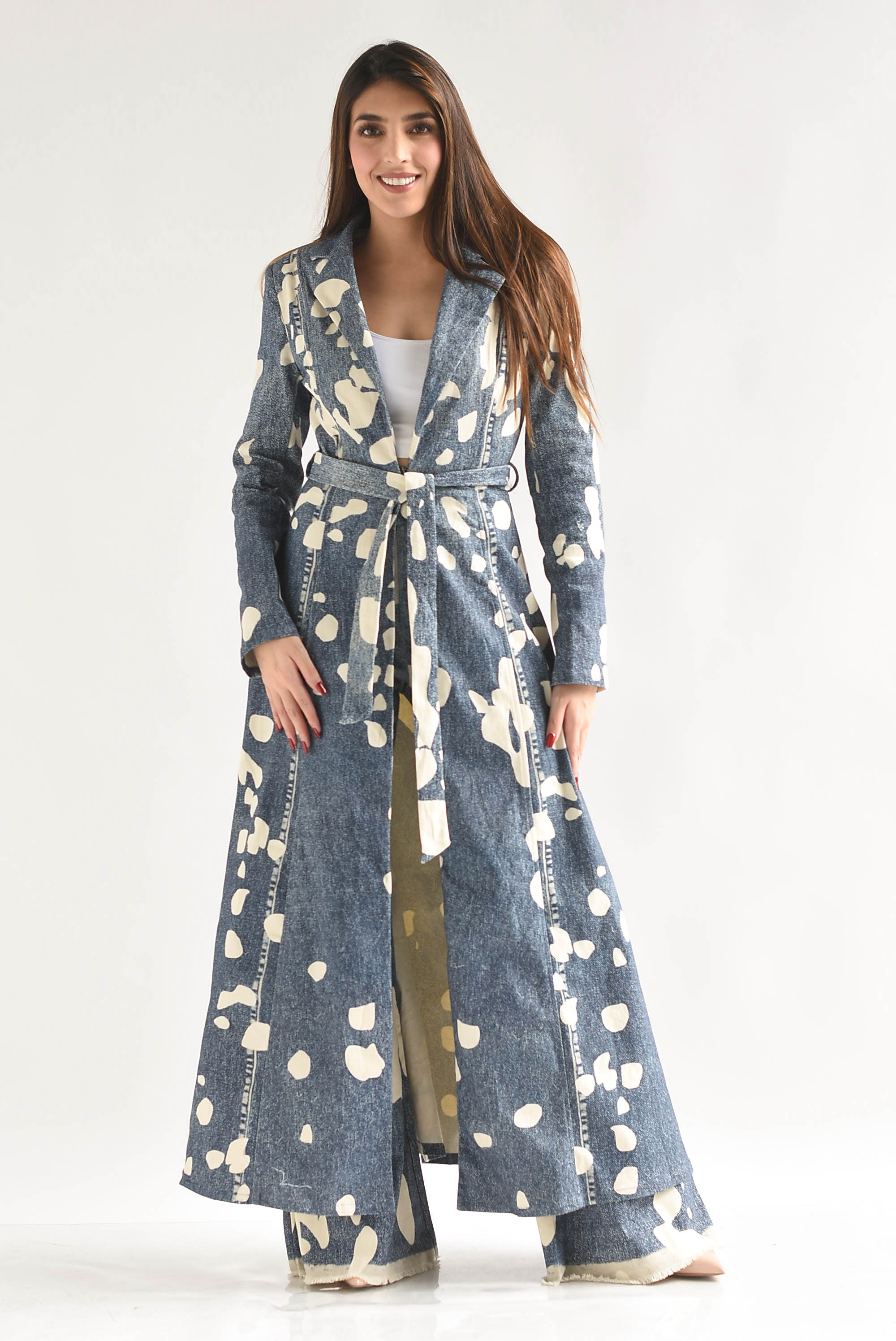 Set Pantalón flare y Gabardina Denim manchas