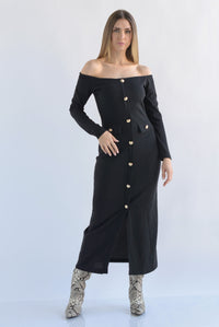 Fashion Styled Vestido canalé botones dorados Negro