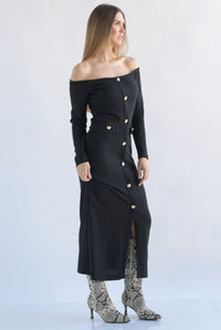 Fashion Styled Vestido canalé botones dorados Negro