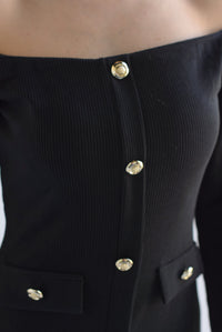 Fashion Styled Vestido canalé botones dorados Negro