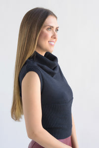 Fashion Styled Blusa sin manga punto cuello alto Azul Marino