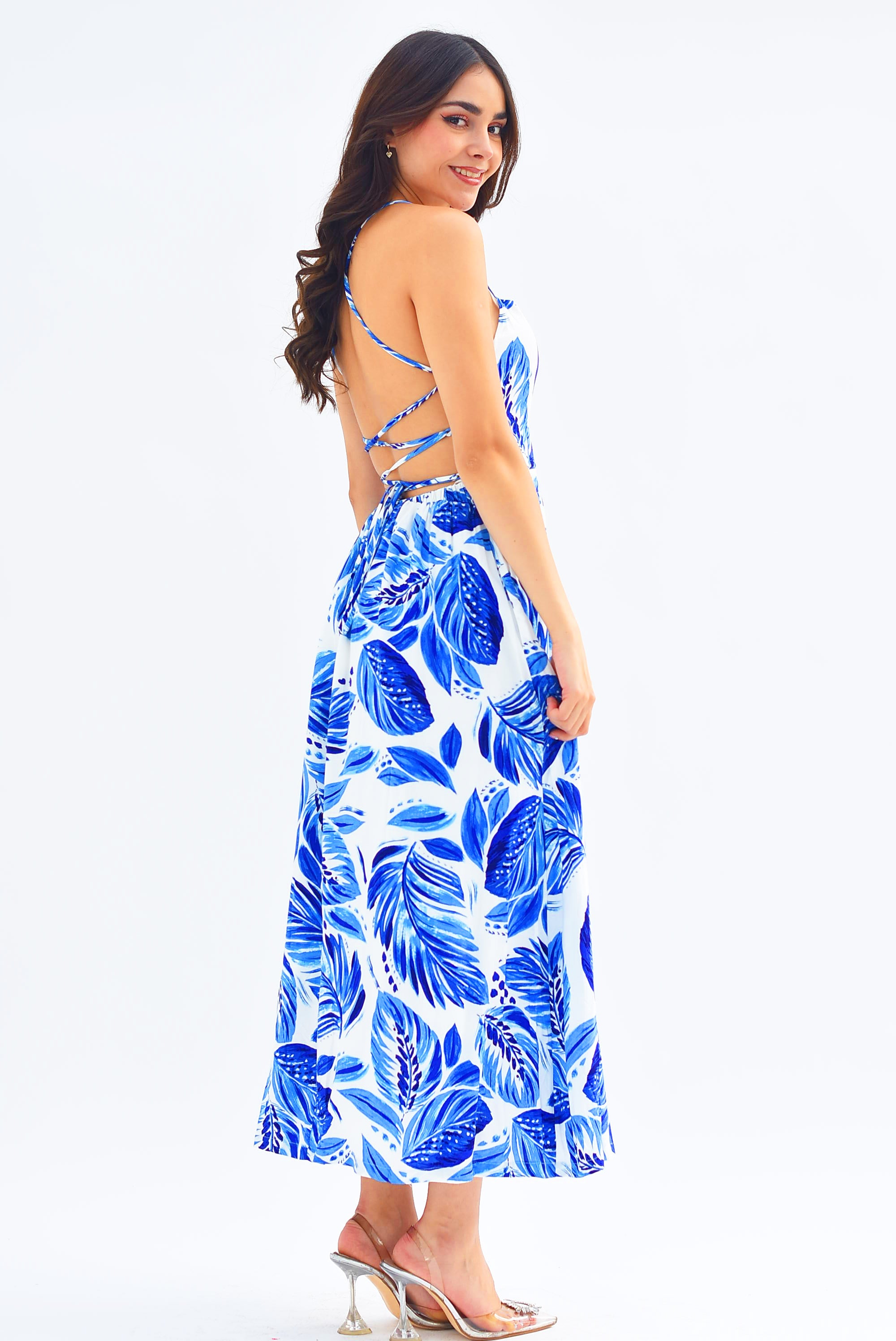 Vestido midi  Hojas Blanco con Azul