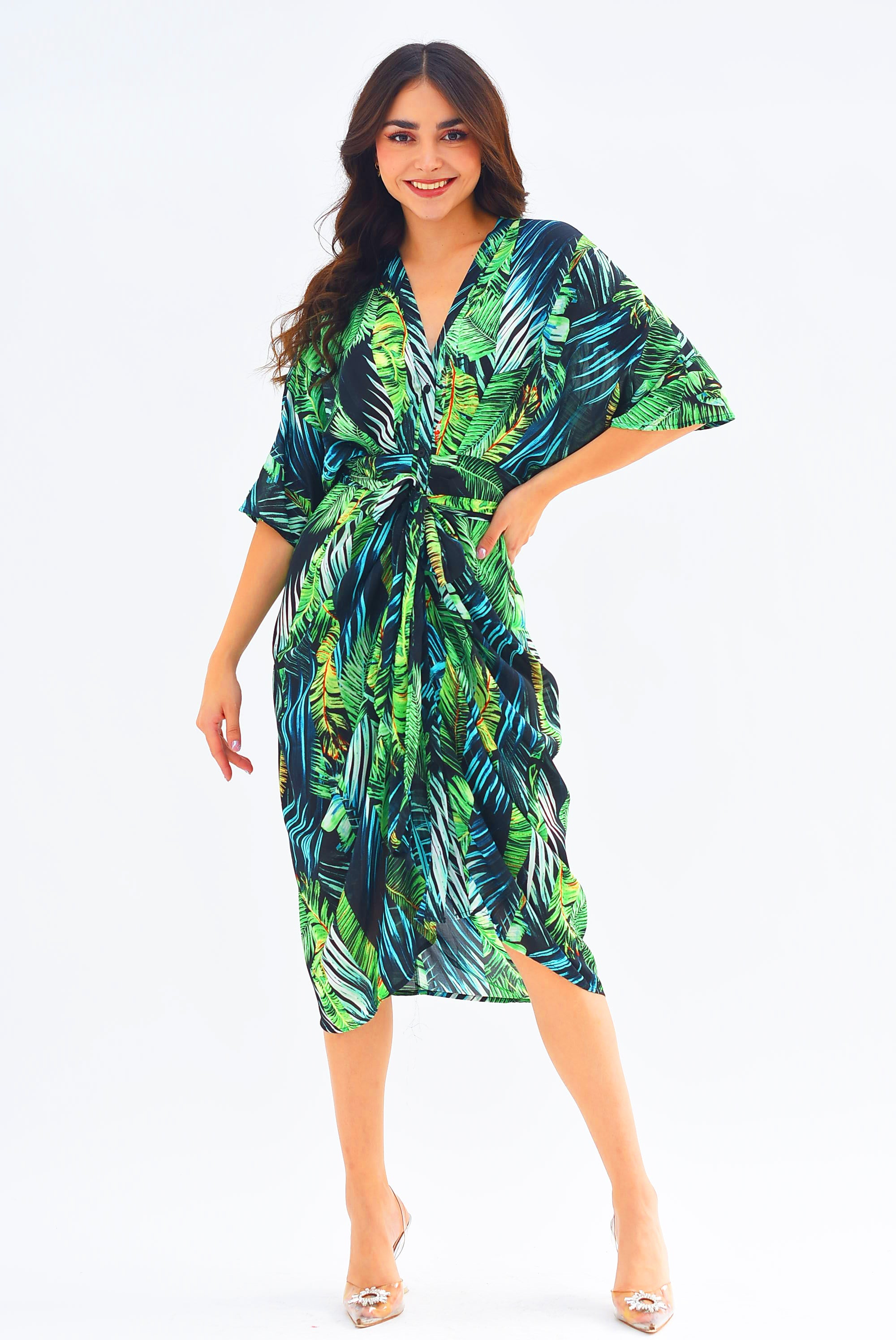 Vestido gasa drapeado Tropical