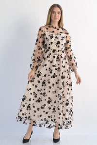 Fashion Styled Vestido mesh flores terciopelo Nude
