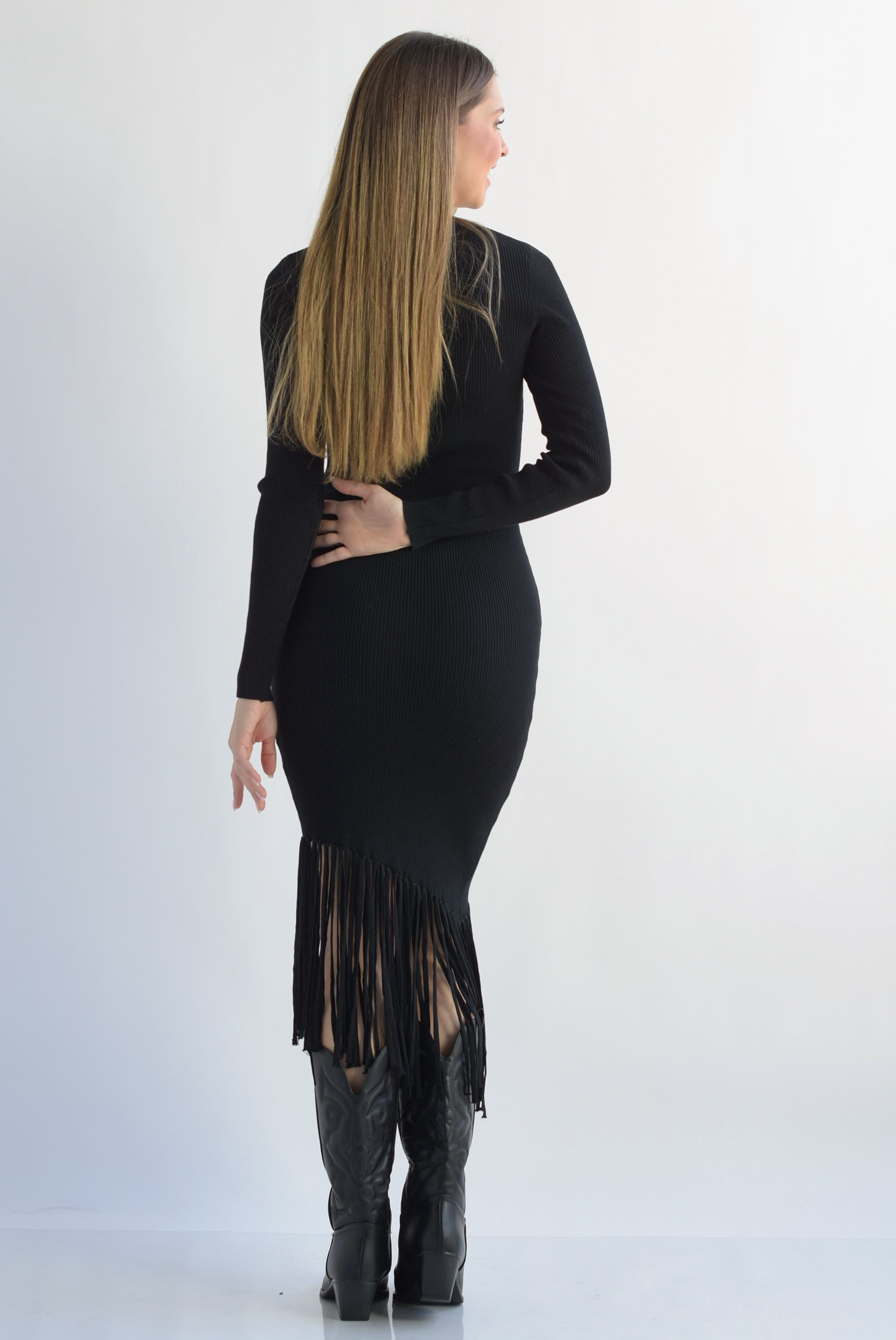 Vestido punto canalé asimétrico flecos Negro