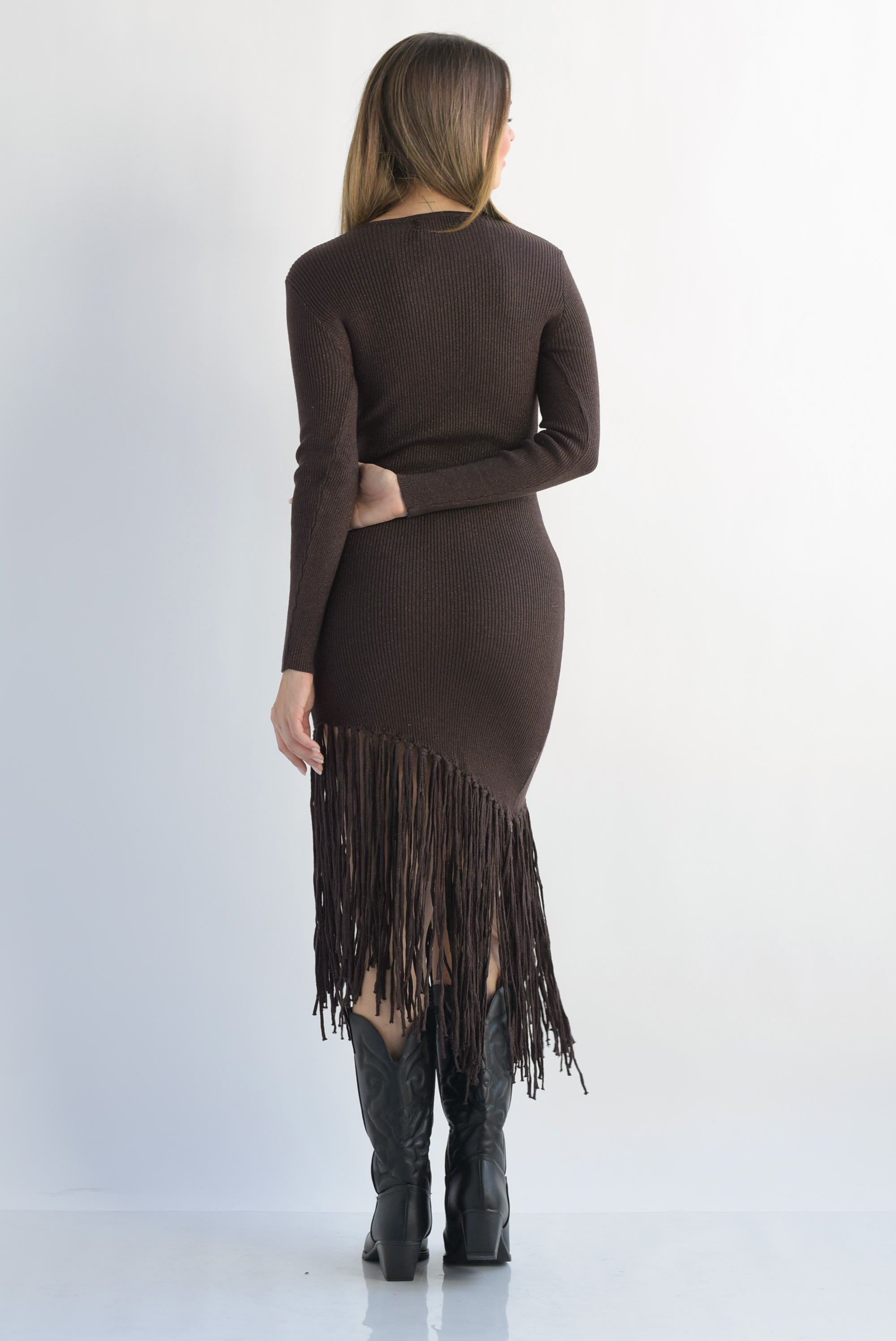 Vestido punto canalé brillos asimétrico flecos Espresso