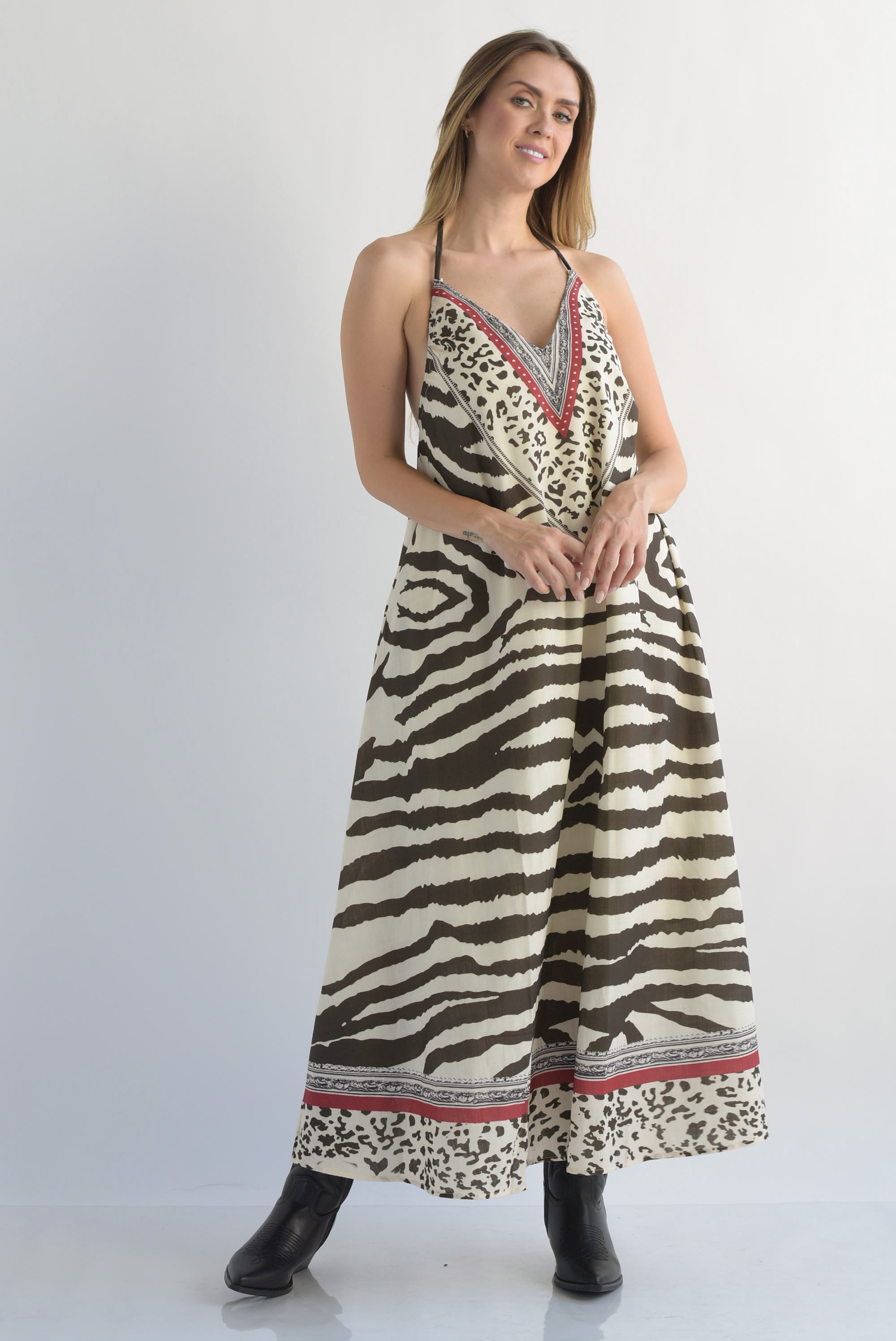 Vestido largo halter Zebra Espresso