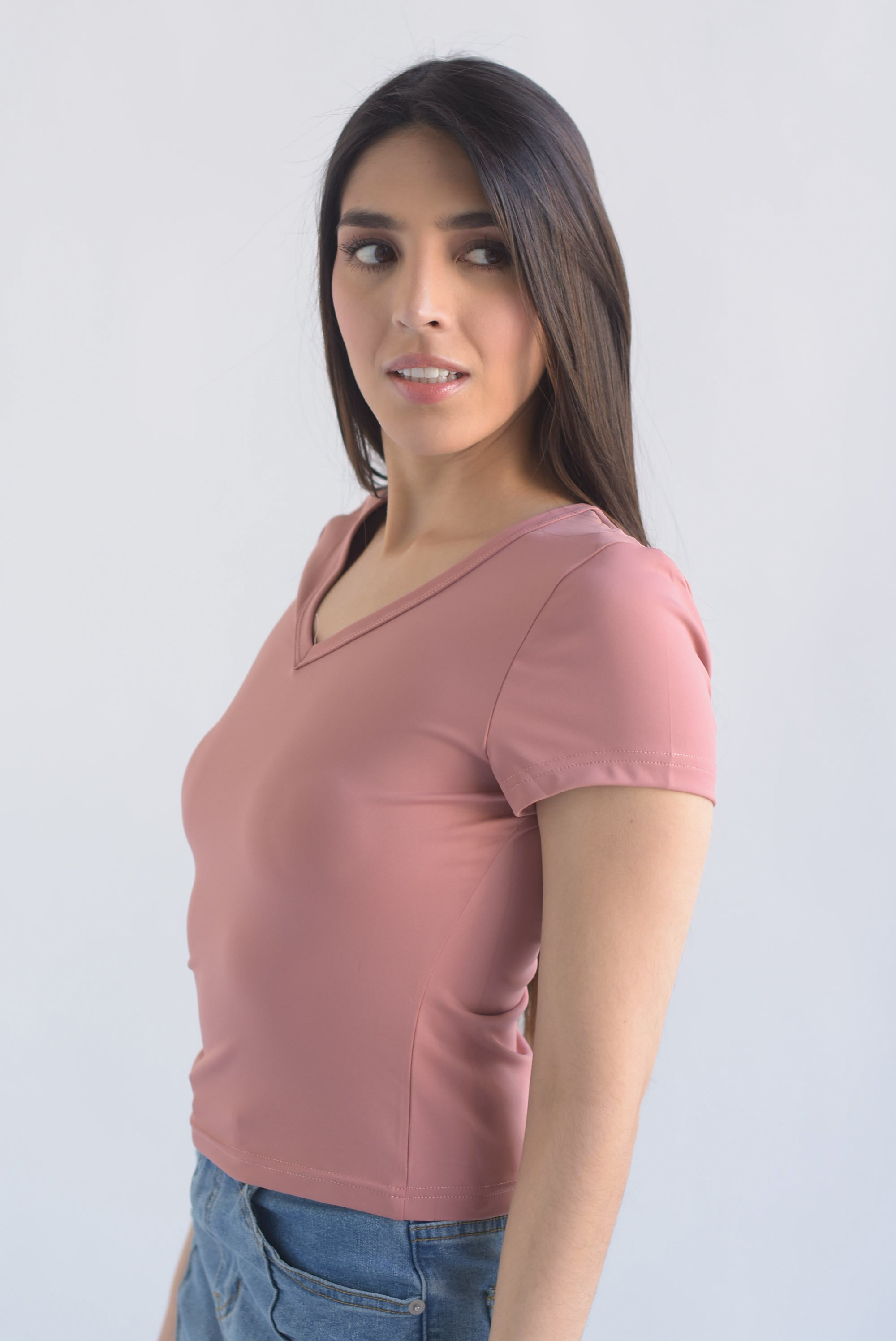 Top manga corta cuello V licra