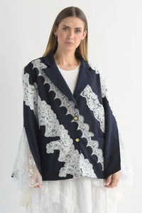 Fashion Styled Blazer bordado forro encaje Azul Marino