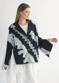 Fashion Styled Blazer bordado forro encaje Azul Marino